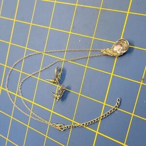 Faux Silver Tear Drop Diamond w Rhinestone Accented 16" + 2" Necklace & Earrings